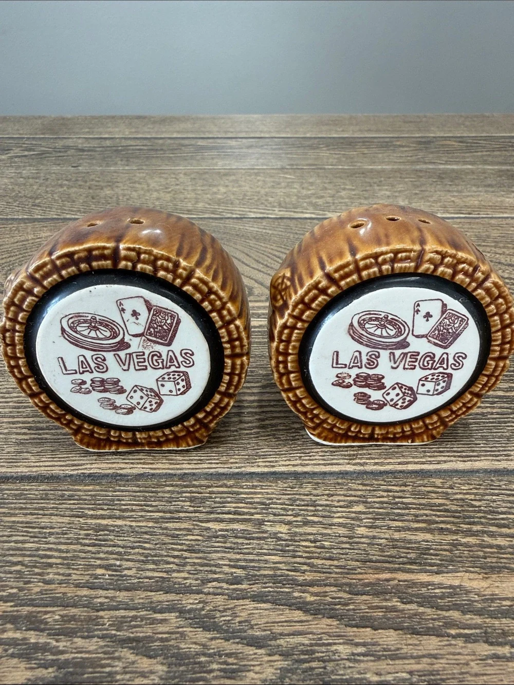 Las Vegas Brown Ceramic Salt & Pepper Shakers - Brown Casino Vintage